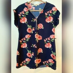 Wishful Park Top Women’s Medium Blue Tunic Pink Roses Zip Front Cottagecore